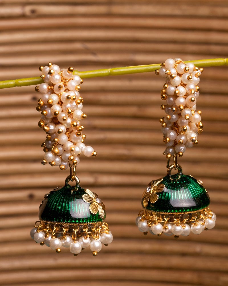 Moonstruck Golden Meenakari Jhumkas With White Pearls For Women (Green) - Image 2